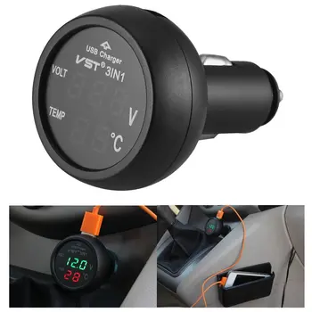 Цифровой измерительный монитор 12V/24V 3 в 1 LED USB Автомобильное зарядное устройство Вольтметр Термометр Автомобильный аккумулятор Монитор ЖК-цифровой двойной дисплей