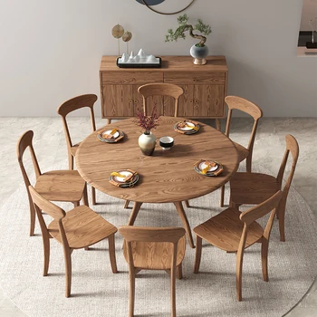 Круглый обеденный стол из ясеня в скандинавском стиле, простая бытовая мебель для маленькой столовой и стул для круглого стола