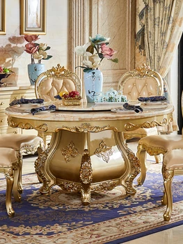 Круглый стол из массива дерева в европейском стиле, мраморный поворотный стол, круглый обеденный стол в американском стиле, обеденный стол цвета шампанского и золота