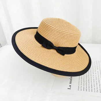 2021 Детская солнцезащитная соломенная шляпа в корейском стиле, летняя соломенная шляпа с плоским верхом, Женская солнцезащитная шляпа с бантом, кружевная пляжная шляпа с большими полями.