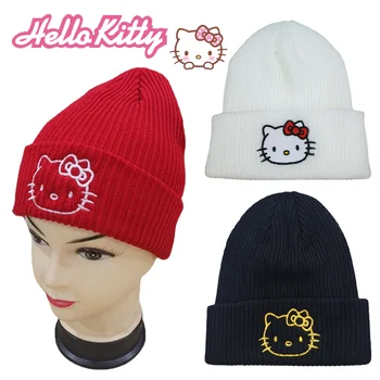 Милая вязаная шапка с вышивкой Hello Kitty, женская модная теплая толстая уличная ветрозащитная шапка, мультяшные повседневные шапки-пуловеры для пары