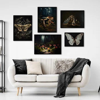 Винтажные художественные принты с бабочками, Мотыльками, грибами, сценами насекомых, Холст, живопись, плакат, Темные Картины, Декор стен дома в гостиной, Куадрос