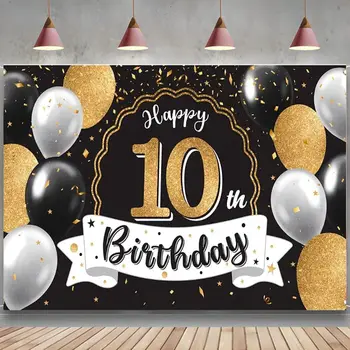 С 10-м Днем рождения, Черно-золотой баннер, поздравления с Днем рождения 10-летнему ребенку, Домашняя стена, фон для фотосъемки, украшение вечеринки