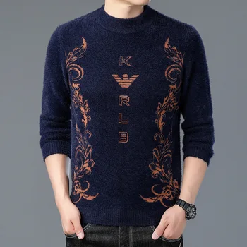 Зимний мужской свитер с полувысоким воротником из норковой шерсти, утолщенная термо-вязаная основа, рубашка, однотонный свитер
