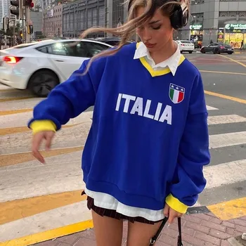 Женские Y2k ITALIA, пуловеры с длинными рукавами и принтом, толстовки, осенние ретро-синие толстовки оверсайз, пальто Harajuku, уличная одежда
