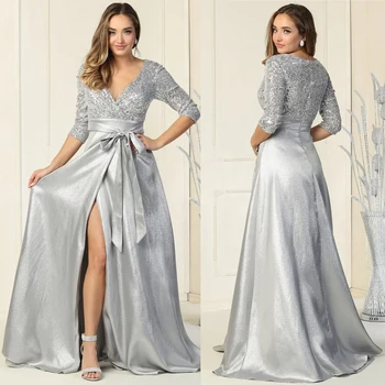 Атласное платье с блестками для матери невесты и жениха для свадьбы, вечернее платье с длинными рукавами для женщин 2024