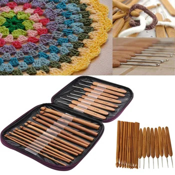 20 штук карбонизированных бамбуковых крючков для вязания спицами с фиолетовым чехлом