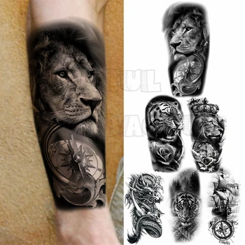 Временные татуировки Black Lion Compass для мужчин и женщин, реалистичная лодка-дракон, поддельная татуировка, наклейка на предплечье, татуировки с переносом воды, тигр