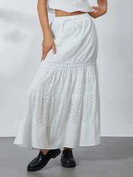 Женские длинные юбки с белой вышивкой и проушинами, Богемные струящиеся макси-юбки с низкой посадкой, винтажные юбки на завязках Y2K