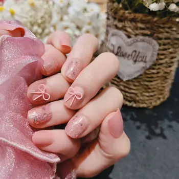 24шт Бант Розовый Пластырь для ногтей Тип Клея Съемный Короткий Абзац Модный Маникюр Экономия Времени Накладной Пластырь для ногтей