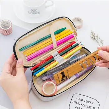 Корейский школьный пенал и сумки, сумка для карандашей с сетчатым карманом, сумка для хранения карандашей для подростков из искусственной кожи, канцелярские принадлежности