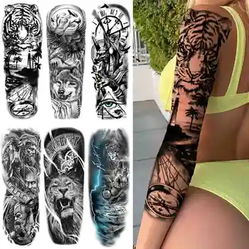 Временные татуировки Лесного тигра, рукав для женщин, мужчин, взрослых, наклейка с татуировкой Волка, Льва, Черные часы, Геометрия, Водонепроницаемая татуировка