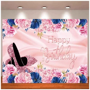 Фон для Фотосъемки Блестящие Блестки Розовые Туфли На Высоком Каблуке Фон С Голубой Розой Для Женщин Счастливый 20-й 30-й 40-й 50-й 60-й День Рождения Декор