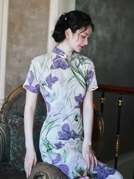 Новое летнее винтажное китайское длинное модное платье ципао средней длины большого размера для женщин.