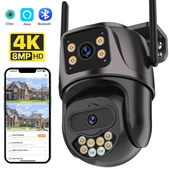8-Мегапиксельная 4K PTZ Wifi камера с двойным объективом и двойным экраном, 4-Мегапиксельная HD беспроводная наружная IP-камера с искусственным интеллектом, обнаружение человека, P2P Видеонаблюдение iCSee