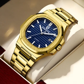 Мужские часы QINGXIYA, лучший бренд класса люкс, золотисто-синие кварцевые часы для мужчин, Водонепроницаемые Светящиеся модные Квадратные часы из нержавеющей стали