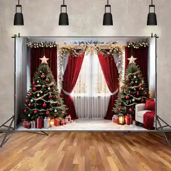 ЛУНА.QG Background Рождественская вечеринка Подарок на елку Фон для фотосъемки Красный Белый шар Звезда Гирлянда Лампы Украшения Реквизит для дома