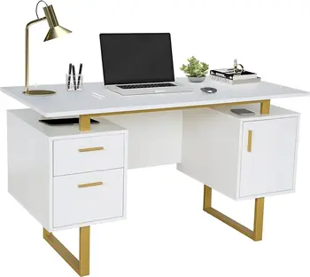 Ящики и шкаф для хранения 51,25 ” W-Современный офисный стол с большой плавающей поверхностью для рабочего стола, белый / золотой