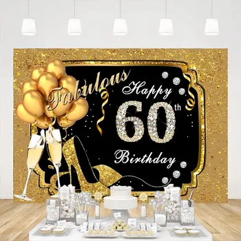 Сказочный фон для фотосъемки 60-летия Бриллиантовые Золотые воздушные шары Каблуки Фон с шампанским Украшение баннера Шестидесятилетней вечеринки