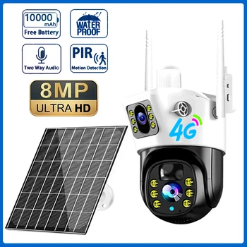 IP-камера 4G SIM-карты 8MP 4K CCTV Камеры с солнечной Батареей Наружный Водонепроницаемый Мониторинг безопасности Умного Дома с двумя Объективами и Видеонаблюдением