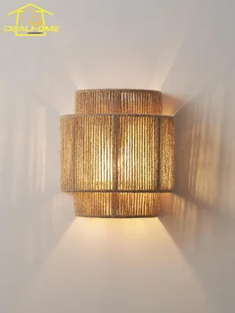 Японский настенный светильник из ротанга в стиле ретро Ваби-саби LED E27, Настенные бра из пеньковой веревки, Гостиная, спальня, Прикроватная тумбочка, коридор для проживания в семье