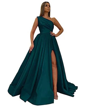 Модные эластичные атласные вечерние платья трапециевидной формы с одним плечом, женские вечерние платья с высоким разрезом спереди