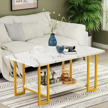 Прямоугольный журнальный столик из искусственного мрамора с золотой металлической рамой, 2-ярусный стол для гостиной, золотой, 40 дюймов