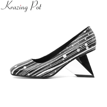 Krazing Pot/ летняя весенняя обувь из натуральной кожи с квадратным носком на высоком каблуке и принтом; лаконичные элегантные модные женские туфли-лодочки без застежки