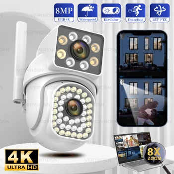 8-мегапиксельная IP-камера 5G WiFi, двухобъективные PTZ-камеры наружного наблюдения, водонепроницаемая камера безопасности, обнаруживающая человека, полноцветная камера ночного видения