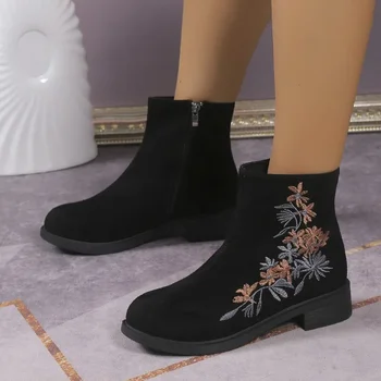 Женская обувь в продаже 2023 Новые базовые женские ботинки, классические ботильоны, женская обувь с вышивкой на молнии сбоку, с круглым носком, на низком каблуке, женские туфли