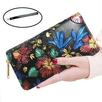 Женский кошелек из искусственной кожи с 3D тиснением, клатч с розой и бабочкой, длинный кошелек с застежкой-молнией, браслет, сумка для телефона в этническом стиле