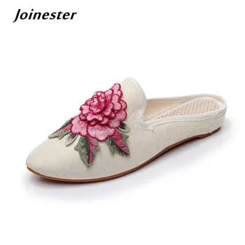 Этническая цветок вышивка хлопок ткань женские летние тапочки мулы женские заостренный носок мокасины на плоской горки винтажная обувь