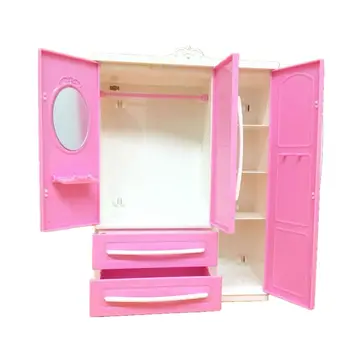 Трехдверный розовый современный игровой набор для гардероба Barbi Furniture, в который можно положить обувь на 24 места.