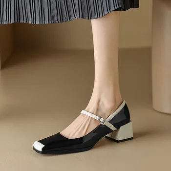 2023 Весенне-осенняя женская обувь с квадратным носком на массивном каблуке Mary Janes Разноцветные женские туфли-лодочки из лакированной кожи Модные туфли на высоком каблуке