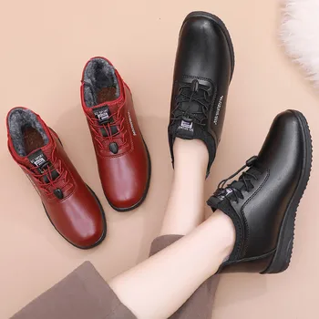 Новая зимняя теплая женская обувь, черные короткие ботинки, модные женские кожаные ботильоны, женские зимние ботинки, водонепроницаемые женские хлопчатобумажные ботинки