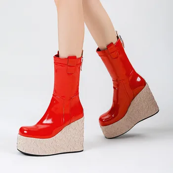 MKKHOU, Модные короткие сапоги, женские Новые красные ботинки на танкетке из лакированной кожи, Удобные ботинки на толстой подошве и высоком каблуке, облегающие эластичные ботинки