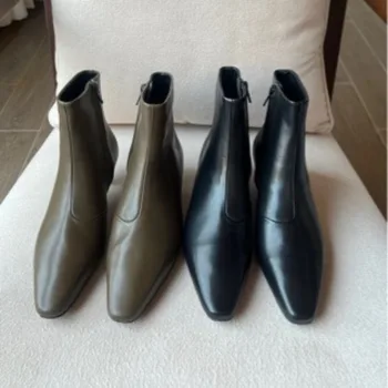 Женская обувь Черные Пыльно-Дымчатые Ботильоны из Телячьей Кожи На Квадратном Каблуке с Острым Носком и Ботильоны