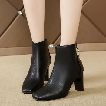 Новые зимние женские ботинки, ботильоны на высоком каблуке, женские короткие ботинки на молнии, современные ботинки на толстом каблуке, Женская модная повседневная обувь