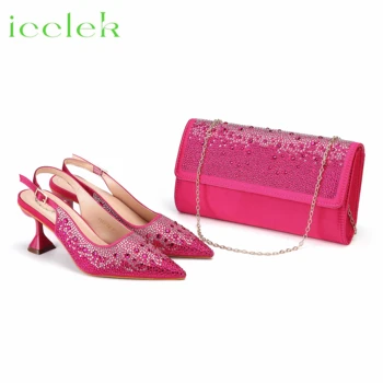 Итальянский дизайн, свадебные туфли-лодочки с острым носком, цвет фуксии, Летние женские сандалии 2023 года, обувь на высоком каблуке со стразами и сумка в комплекте