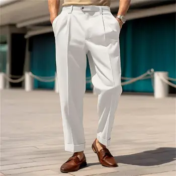 Мягкие на ощупь мужские брюки Стильные мужские костюмные брюки из дышащей ткани со средней талией и широкими штанинами для официальной деловой офисной одежды