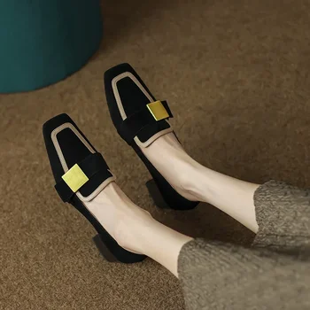 Женские Лоферы на плоской подошве с квадратной пряжкой в стиле ретро, Французские осенние модные Элегантные туфли-лодочки на массивном каблуке с квадратным носком, повседневная обувь для вечеринок