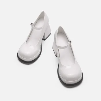 2023 Новые женские белые туфли Мэри Джейн на платформе и высоком каблуке в студенческом стиле в стиле ретро, черные туфли Мэри Джейн с круглым носком.