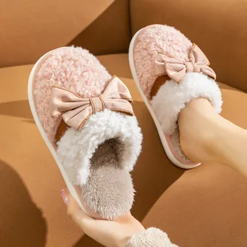Новые Хлопчатобумажные Тапочки С Бантом, Женские Милые Модные Домашние Теплые Плюшевые Тапочки, Женская Обувь Zapatos Mujer 2023