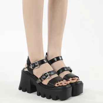 Сандалии на платформе ippeum в готическом стиле, Женские туфли-гладиаторы, Размер 43, Черные сандалии на высоком каблуке в стиле панк для женщин