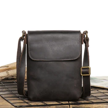 Мужская маленькая сумка через плечо в стиле ретро с застежкой-молнией, черная маленькая сумка-слинг из натуральной кожи, мужской простой телефон в стиле меньшинства