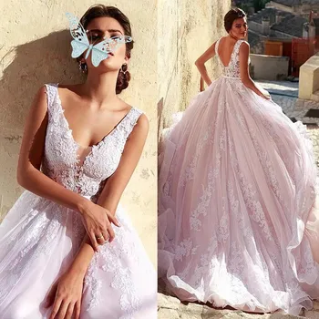 Розовые свадебные платья на бретельках с тюлевой кружевной аппликацией и шлейфом на заказ Свадебное бальное платье большого размера Vestido de novi