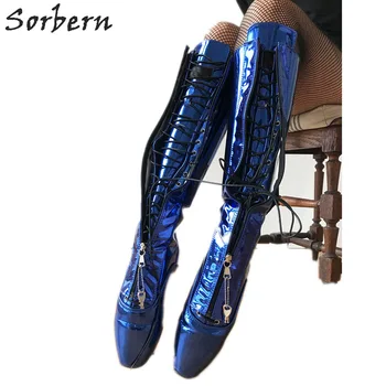 Женские сапоги до колена цвета Sorbern синего металлика с застежкой-молнией спереди, балетки на шпильке, женский каблук 18 см, индивидуальный размер ноги